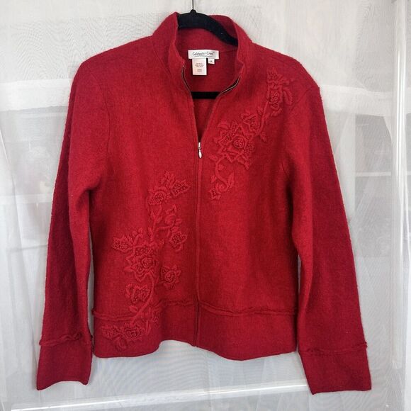 Coldwater Creek 100% wool zip up jacket womens MD cherry red embroidered winter - Picture 4 of 9
